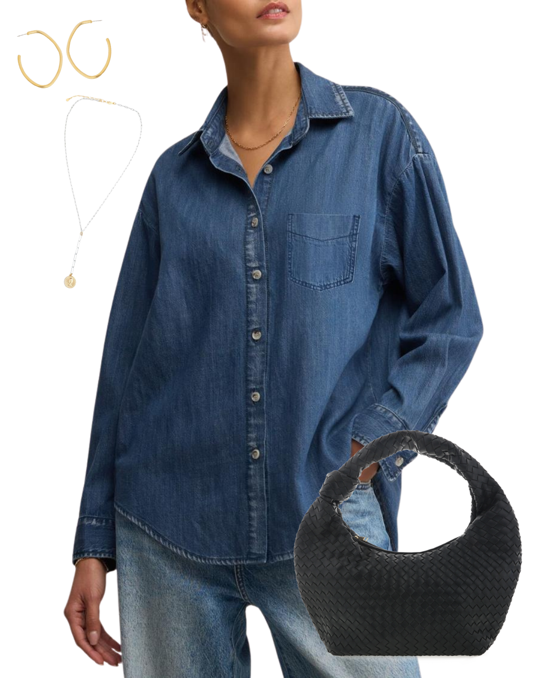 A woman wearing a relaxed-fit denim button-down shirt with a chest pocket, paired with medium-wash jeans. The outfit is styled with gold hoop earrings, a delicate gold chain necklace, a silver pendant necklace, and a black woven handbag with a knotted handle. The background is removed, giving a clean cut-out collage style.